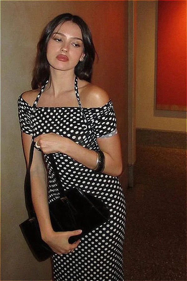 Elegant Off The Shoulder Polka Dot Cutout Maxi Prom Dress For Wedding Guest Bridal Shower Formal Evening