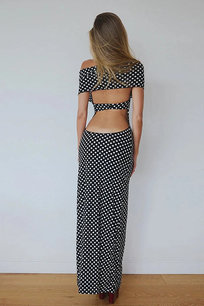 Elegant Off The Shoulder Polka Dot Cutout Maxi Prom Dress For Wedding Guest Bridal Shower Formal Evening