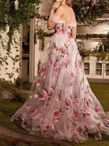 Elegant Off The Shoulder Puff Sleeve Floral Print High Slit Tulle A Line Maxi Prom Dress With Train For Formal Evening Gala Wedding Guest