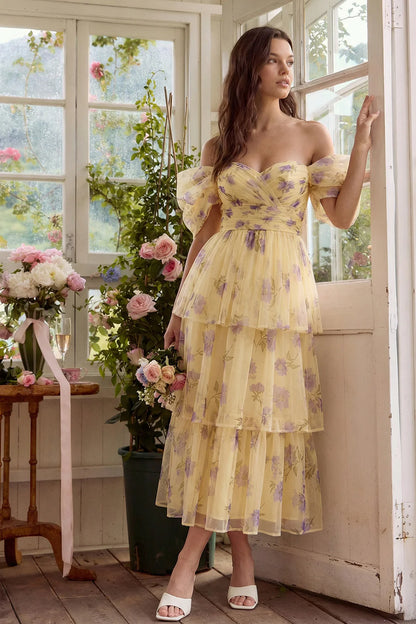 Elegant Off The Shoulder Puff Sleeve Floral Print Tiered Tulle Midi Prom Dress
