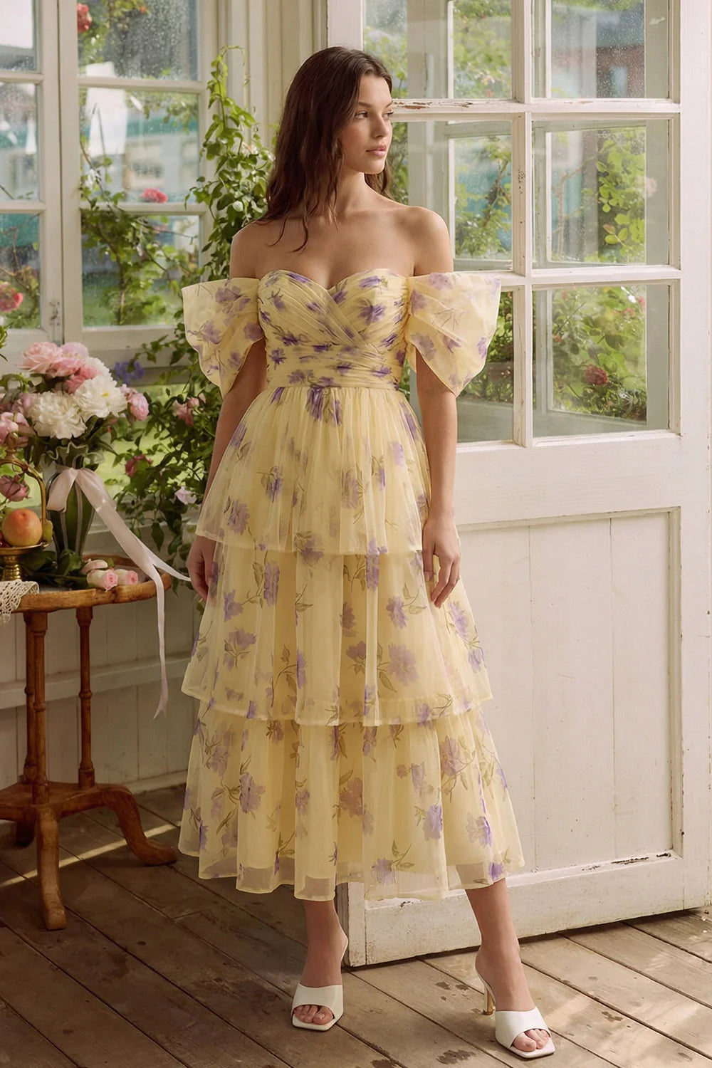 Elegant Off The Shoulder Puff Sleeve Floral Print Tiered Tulle Midi Prom Dress