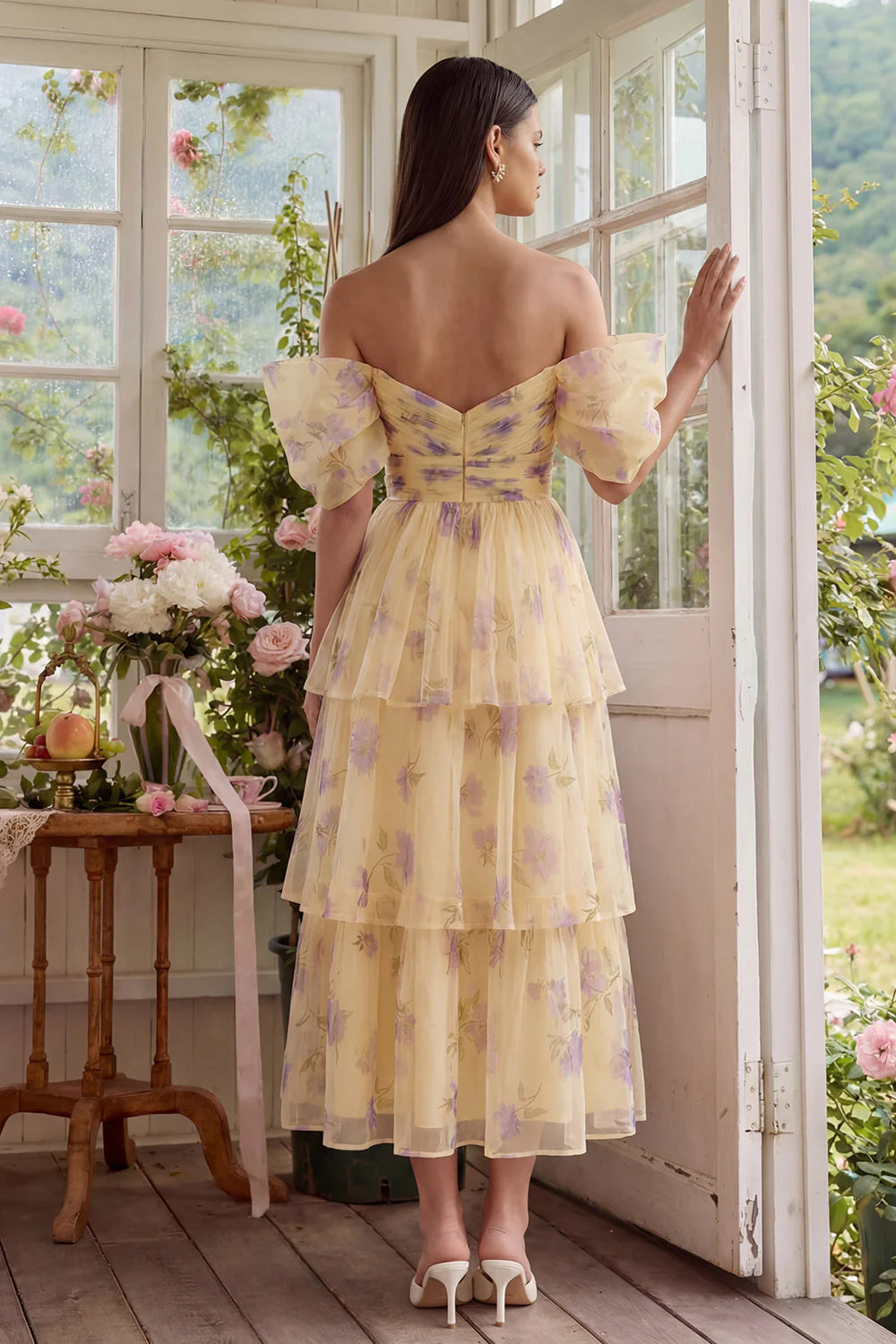 Elegant Off The Shoulder Puff Sleeve Floral Print Tiered Tulle Midi Prom Dress