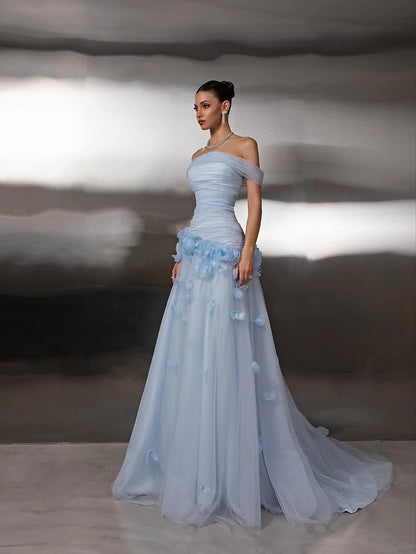 Elegant Off The Shoulder Ruched Bodice 3D Floral Applique Tulle A Line Maxi Prom Dress For Formal Evening Wedding