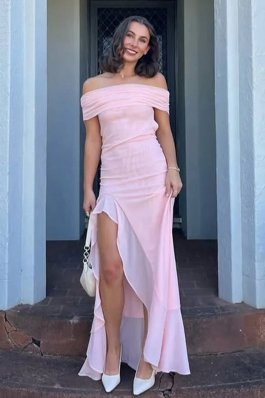 Elegant Off The Shoulder Ruched Bodice Open Back High Slit Ruffle Hem Maxi Evening Dress For Formal Evening Prom Wedding Guest Bridesmaid Beach Wedding Cocktail Party Gala