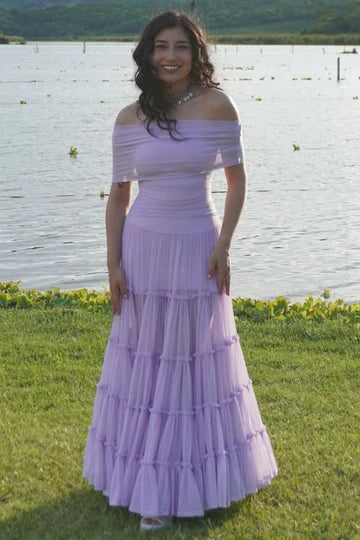 Elegant Off The Shoulder Ruched Bodice Tiered Ruffle Mesh A Line Evening Dress For Formal Evening Prom Wedding Guest Bridesmaid Beach Wedding