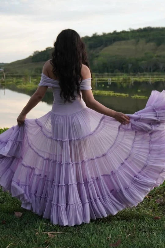 Elegant Off The Shoulder Ruched Bodice Tiered Ruffle Mesh A Line Evening Dress For Formal Evening Prom Wedding Guest Bridesmaid Beach Wedding