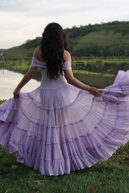 Elegant Off The Shoulder Ruched Bodice Tiered Ruffle Mesh A Line Evening Dress For Formal Evening Prom Wedding Guest Bridesmaid Beach Wedding