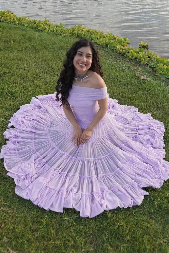 Elegant Off The Shoulder Ruched Bodice Tiered Ruffle Mesh A Line Evening Dress For Formal Evening Prom Wedding Guest Bridesmaid Beach Wedding