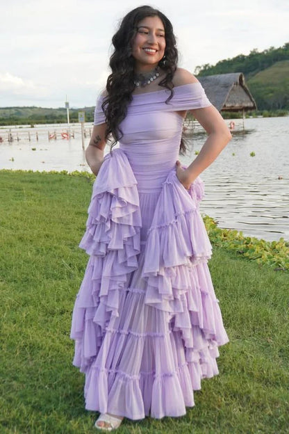 Elegant Off The Shoulder Ruched Bodice Tiered Ruffle Mesh A Line Evening Dress For Formal Evening Prom Wedding Guest Bridesmaid Beach Wedding