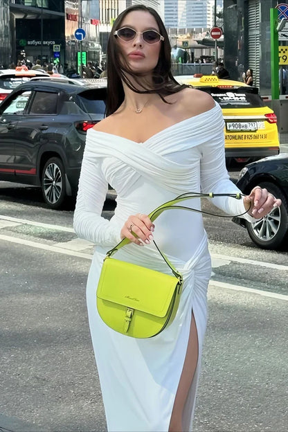 Elegant Off The Shoulder Ruched Long Sleeve High Slit Bodycon Maxi Prom Dress For Wedding Guest Bridal Shower Formal Evening
