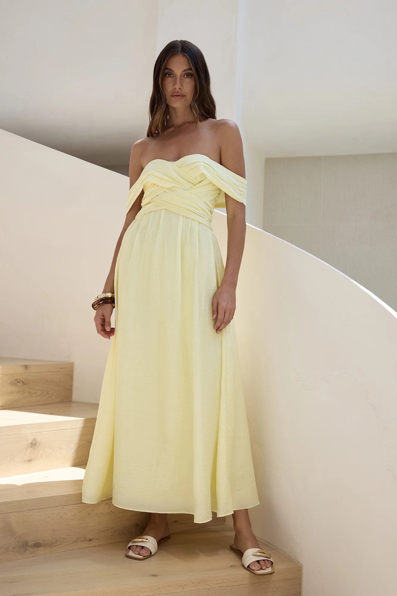 Elegant Off The Shoulder Ruched Waist Flowy A Line Maxi Prom Dress For Wedding Guest Bridal Shower Formal Evening