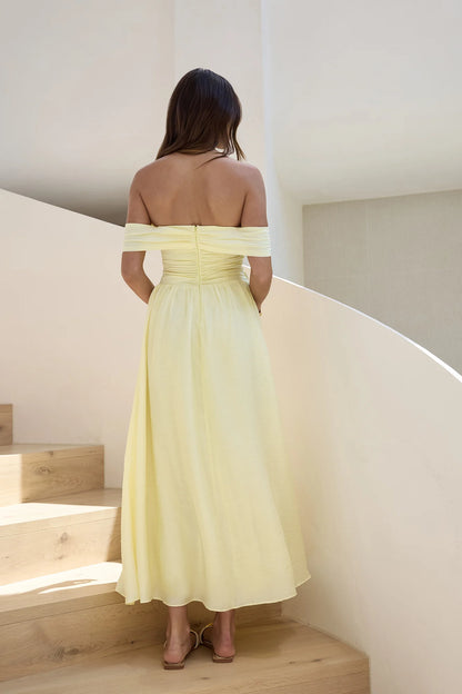 Elegant Off The Shoulder Ruched Waist Flowy A Line Maxi Prom Dress For Wedding Guest Bridal Shower Formal Evening
