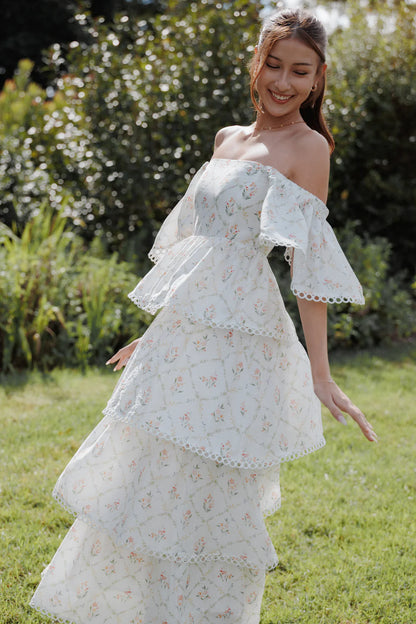 Elegant Off The Shoulder Ruffle Sleeve Tiered Floral Print Maxi Dress With Ricrac Trim For Summer Brunch Wedding Guest Garden Party