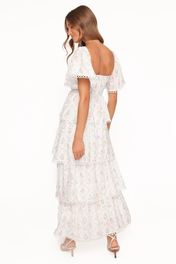 Elegant Off The Shoulder Ruffle Sleeve Tiered Floral Print Maxi Dress With Ricrac Trim For Summer Brunch Wedding Guest Garden Party