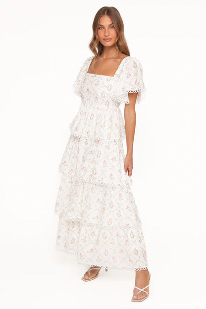 Elegant Off The Shoulder Ruffle Sleeve Tiered Floral Print Maxi Dress With Ricrac Trim For Summer Brunch Wedding Guest Garden Party
