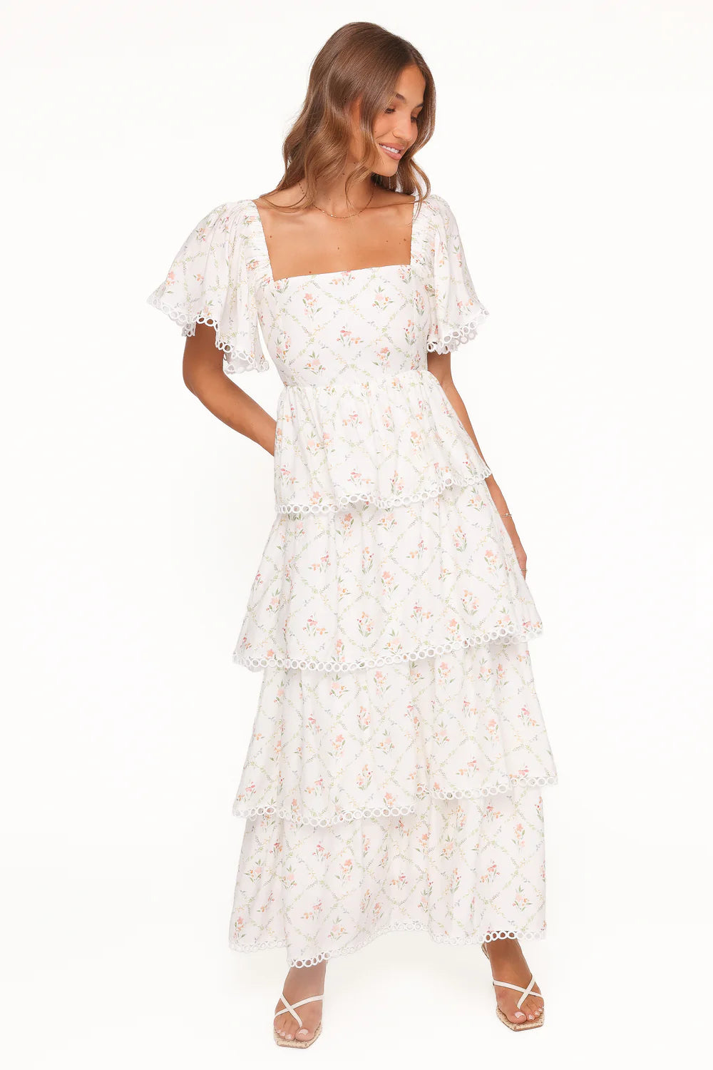 Elegant Off The Shoulder Ruffle Sleeve Tiered Floral Print Maxi Dress With Ricrac Trim For Summer Brunch Wedding Guest Garden Party