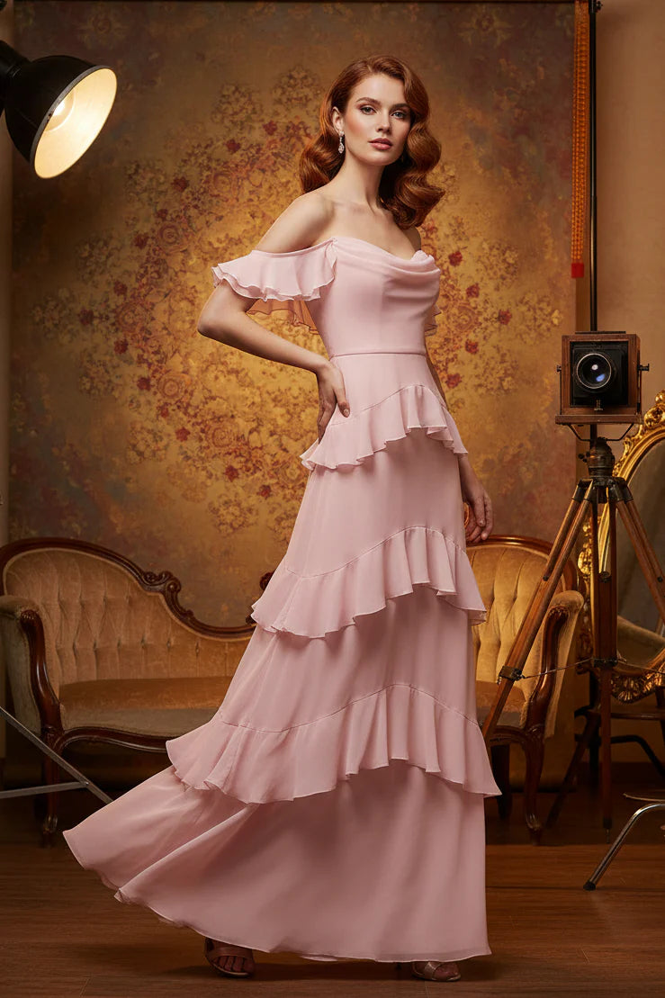 Elegant Off The Shoulder Ruffle Tiered Chiffon Maxi Prom Dress For Formal Evening Wedding Guest