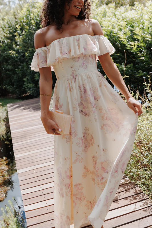 Elegant Off The Shoulder Ruffle Trim Floral Print Chiffon Maxi Prom Dress For Formal Evening Wedding Guest Bridesmaid Cocktail Party