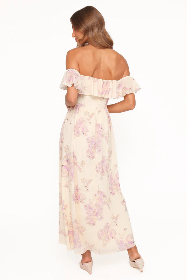 Elegant Off The Shoulder Ruffle Trim Floral Print Chiffon Maxi Prom Dress For Formal Evening Wedding Guest Bridesmaid Cocktail Party