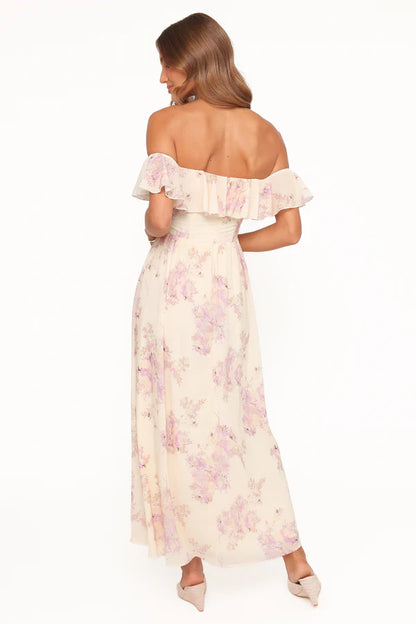 Elegant Off The Shoulder Ruffle Trim Floral Print Chiffon Maxi Prom Dress For Formal Evening Wedding Guest Bridesmaid Cocktail Party