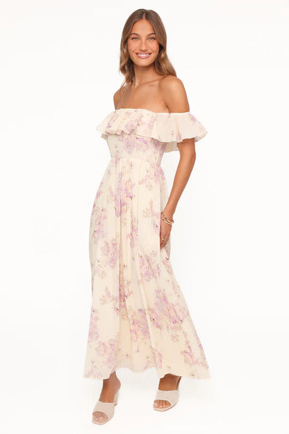 Elegant Off The Shoulder Ruffle Trim Floral Print Chiffon Maxi Prom Dress For Formal Evening Wedding Guest Bridesmaid Cocktail Party