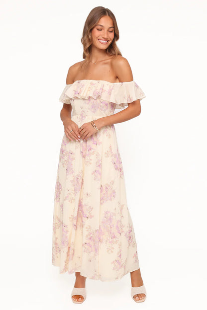 Elegant Off The Shoulder Ruffle Trim Floral Print Chiffon Maxi Prom Dress For Formal Evening Wedding Guest Bridesmaid Cocktail Party