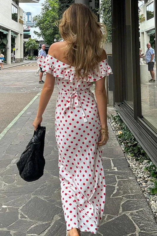 Elegant Off The Shoulder Ruffle Trim Polka Dot Maxi Prom Dress For Wedding Guest Bridal Shower Formal Evening