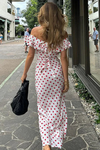 Elegant Off The Shoulder Ruffle Trim Polka Dot Maxi Prom Dress For Wedding Guest Bridal Shower Formal Evening
