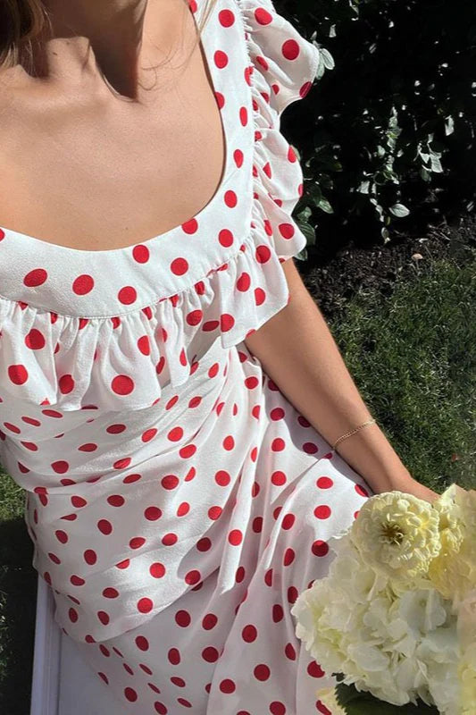 Elegant Off The Shoulder Ruffle Trim Polka Dot Maxi Prom Dress For Wedding Guest Bridal Shower Formal Evening