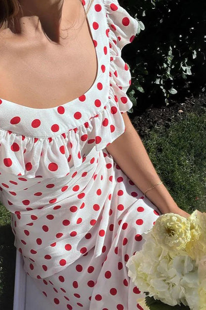 Elegant Off The Shoulder Ruffle Trim Polka Dot Maxi Prom Dress For Wedding Guest Bridal Shower Formal Evening