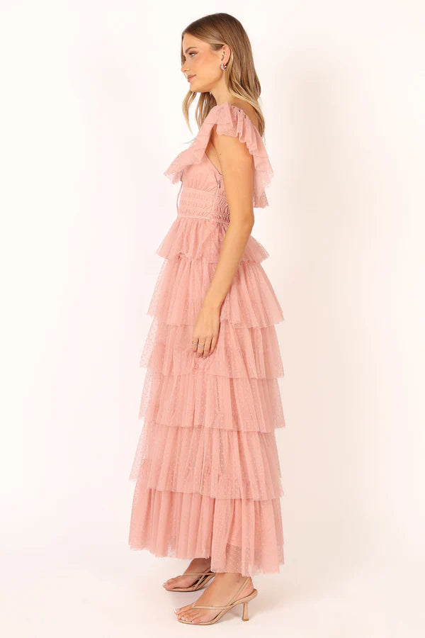 Elegant Off The Shoulder Ruffle Trim Tiered Tulle Maxi Prom Dress With Smocked Waist For Formal Evening Wedding Guest Bridesmaid Cocktail Party