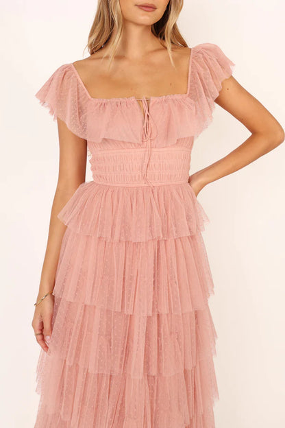 Elegant Off The Shoulder Ruffle Trim Tiered Tulle Maxi Prom Dress With Smocked Waist For Formal Evening Wedding Guest Bridesmaid Cocktail Party