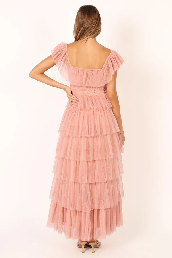 Elegant Off The Shoulder Ruffle Trim Tiered Tulle Maxi Prom Dress With Smocked Waist For Formal Evening Wedding Guest Bridesmaid Cocktail Party