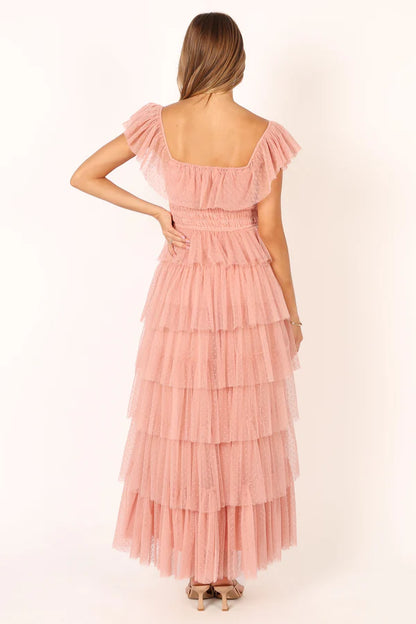 Elegant Off The Shoulder Ruffle Trim Tiered Tulle Maxi Prom Dress With Smocked Waist For Formal Evening Wedding Guest Bridesmaid Cocktail Party