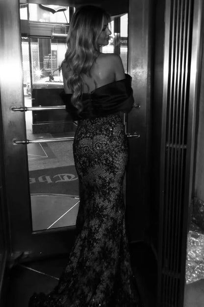 Elegant Off The Shoulder Satin Bow Detail Sequin Lace Overlay Mermaid Evening Dress For Formal Evening Gala Wedding Guest Prom Black Tie Event