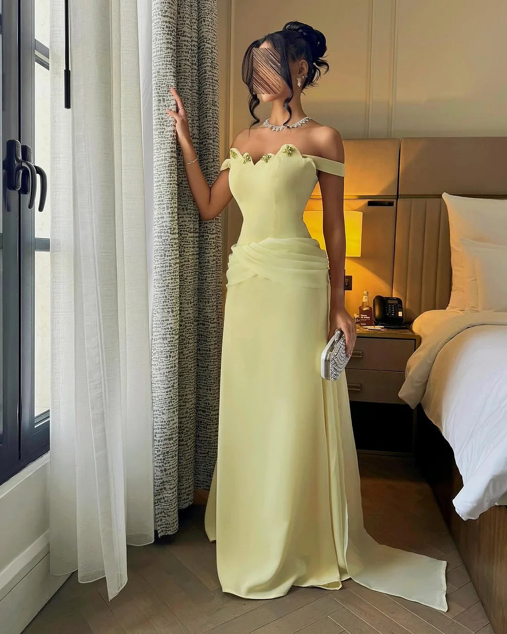 Elegant Off The Shoulder Scallop Edge Beaded Detail Draped Waist Satin Bodycon Maxi Prom Dress With Train For Formal Evening Wedding Guest