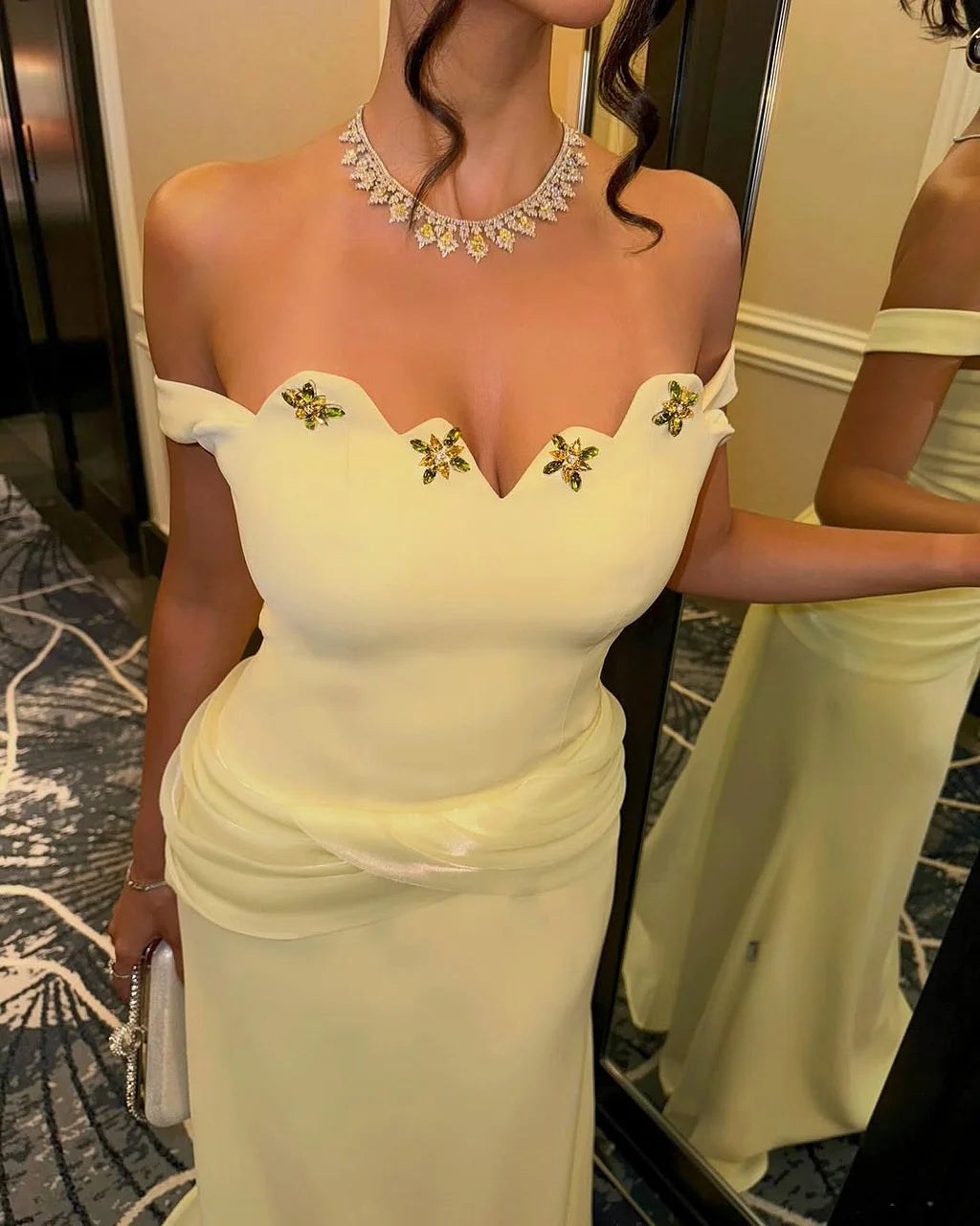 Elegant Off The Shoulder Scallop Edge Beaded Detail Draped Waist Satin Bodycon Maxi Prom Dress With Train For Formal Evening Wedding Guest