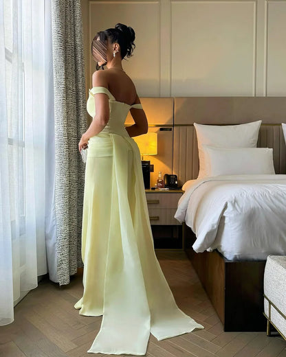 Elegant Off The Shoulder Scallop Edge Beaded Detail Draped Waist Satin Bodycon Maxi Prom Dress With Train For Formal Evening Wedding Guest