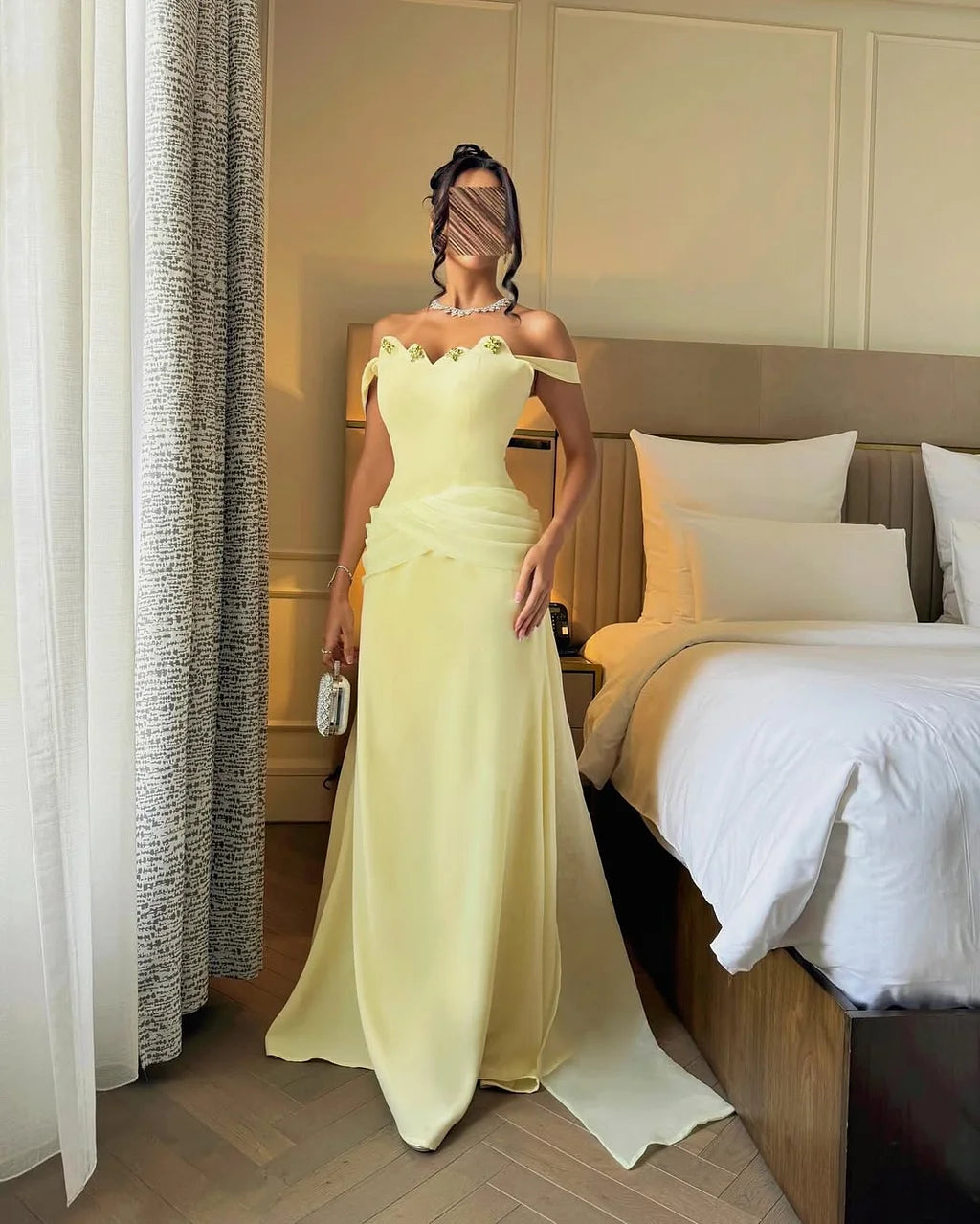 Elegant Off The Shoulder Scallop Edge Beaded Detail Draped Waist Satin Bodycon Maxi Prom Dress With Train For Formal Evening Wedding Guest