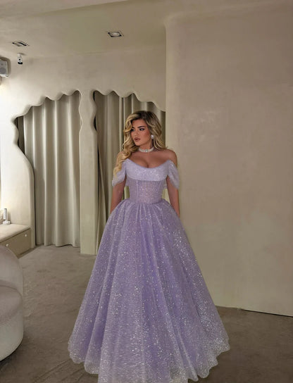 Elegant Off The Shoulder Sweetheart Corset Bodice Glitter Tulle Ball Gown Maxi Prom Dress For Formal Evening Red Carpet