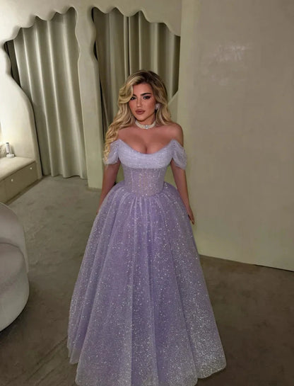 Elegant Off The Shoulder Sweetheart Corset Bodice Glitter Tulle Ball Gown Maxi Prom Dress For Formal Evening Red Carpet