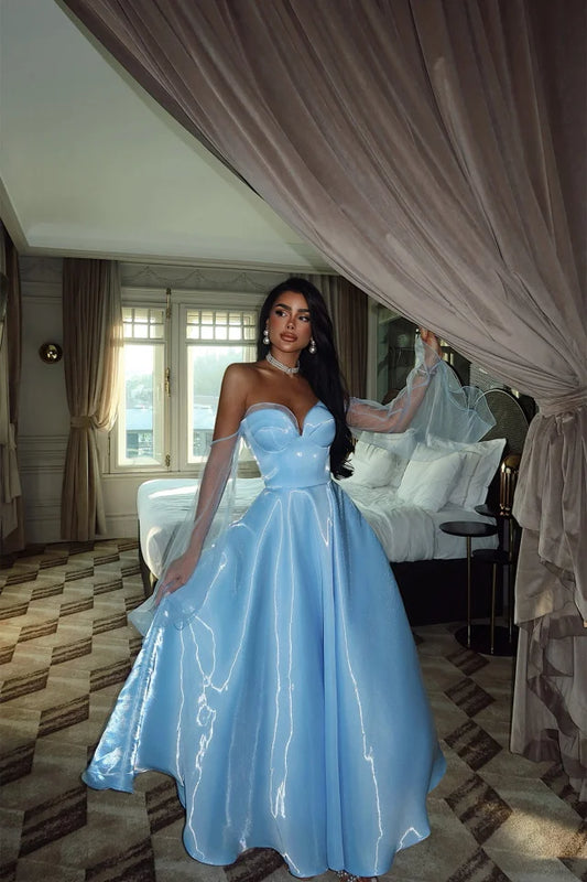 Elegant Off The Shoulder Sweetheart Corset Bodice Sheer Sleeve Ball Gown Maxi Prom Dress For Formal Evening Red Carpet