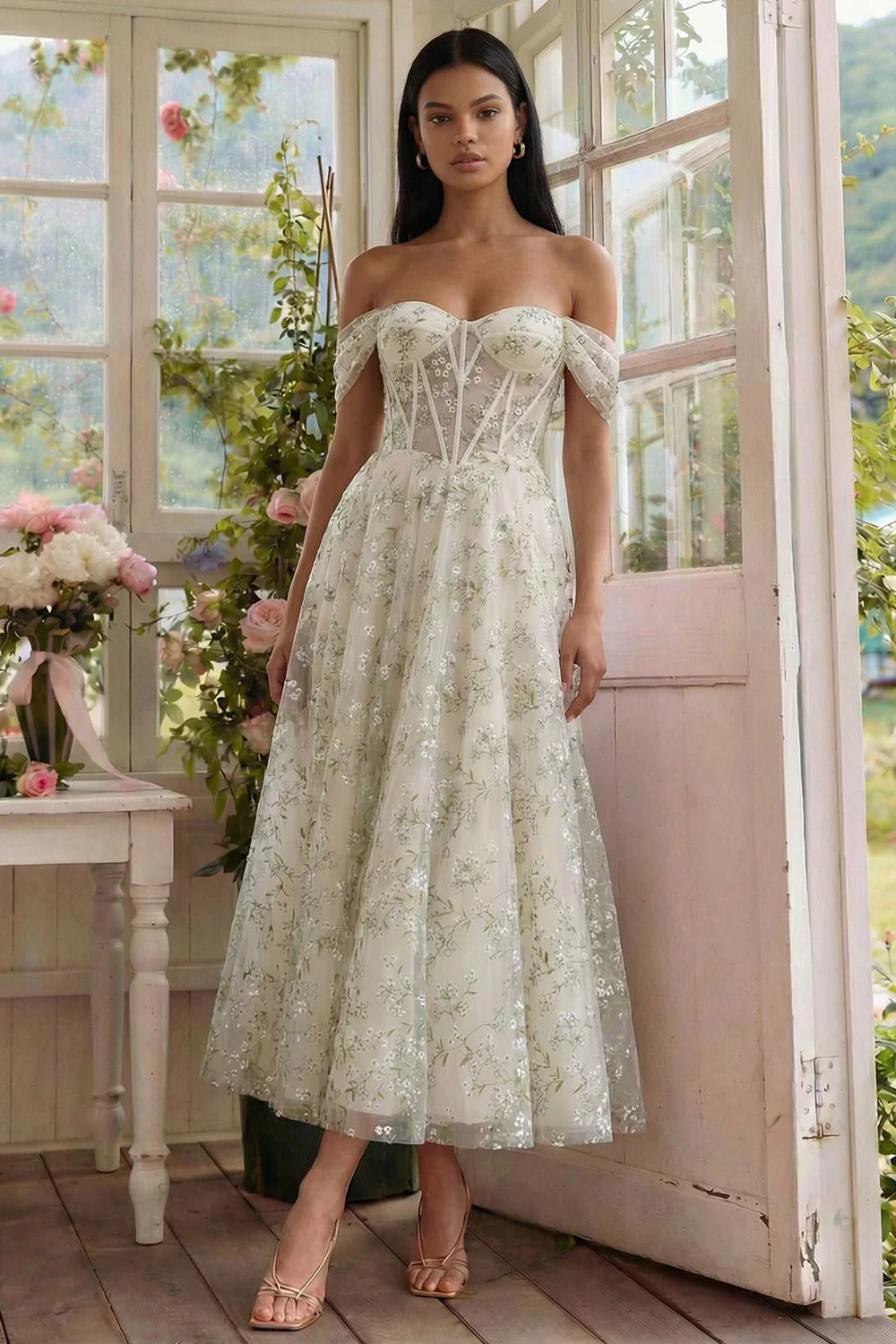 Elegant Off The Shoulder Sweetheart Neck Corset Bodice Floral Embroidered Tulle Midi Prom Dress