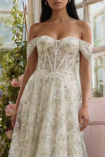 Elegant Off The Shoulder Sweetheart Neck Corset Bodice Floral Embroidered Tulle Midi Prom Dress