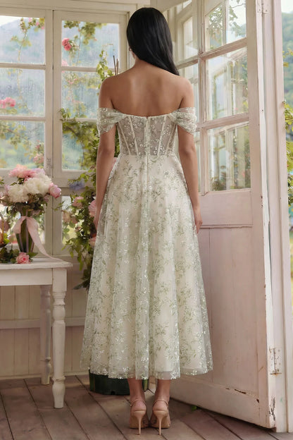 Elegant Off The Shoulder Sweetheart Neck Corset Bodice Floral Embroidered Tulle Midi Prom Dress