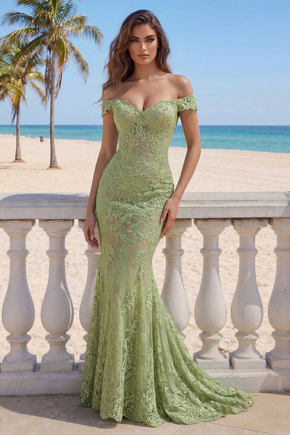 Elegant Off The Shoulder Sweetheart Neck Lace Mermaid Evening Dress