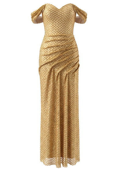 Elegant Off The Shoulder Sweetheart Neck Open Back Beaded Mesh Ruched Detail Mermaid Maxi Prom Dress