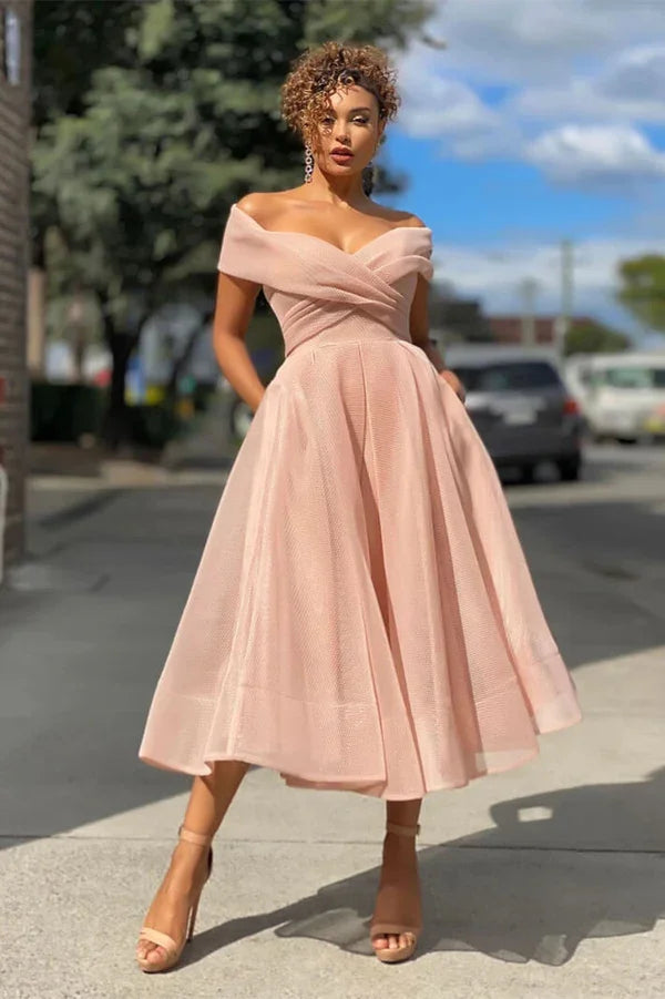 Elegant Off The Shoulder Sweetheart Neck Ruched Bodice Pockets A Line Midi Prom Dress For Formal Evening Gala Wedding Guest Bridesmaid