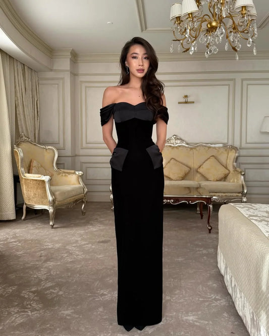 Elegant Off The Shoulder Sweetheart Neck Satin Detail Velvet Bodycon Maxi Prom Dress For Formal Evening Wedding Guest