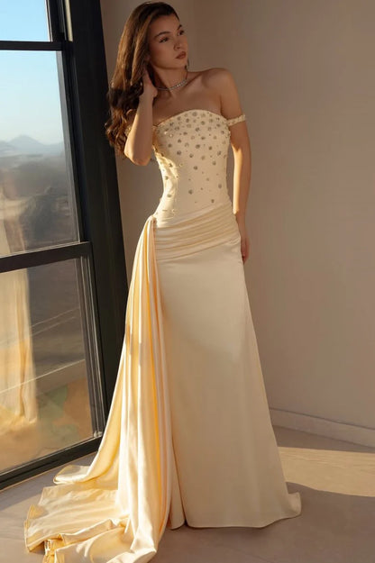 Elegant Off The Shoulder Sweetheart Neckline Beaded Embellished Bodice Ruched Satin Mermaid Evening Dress With Overskirt Train For Formal Evening Wedding Prom Gala